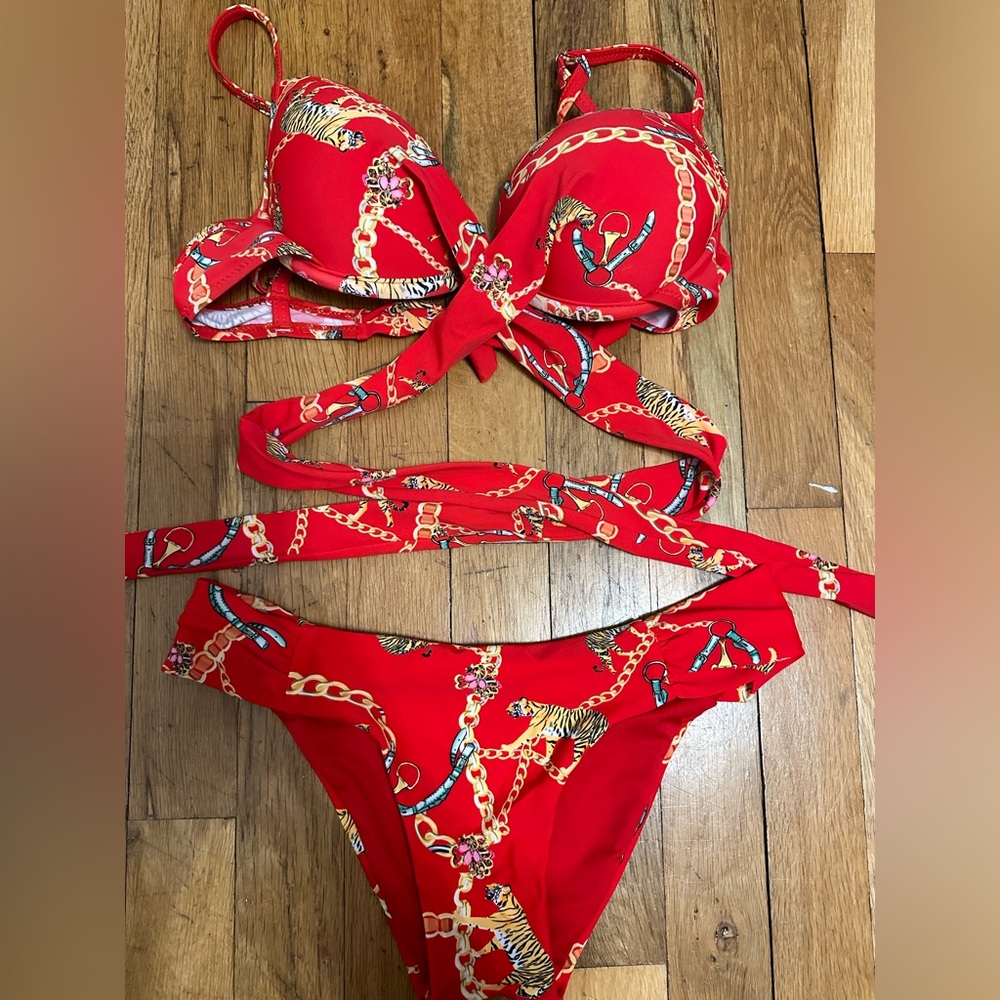 Fashion Nova Women’s Red and gold tie around Bikini top and bottom set